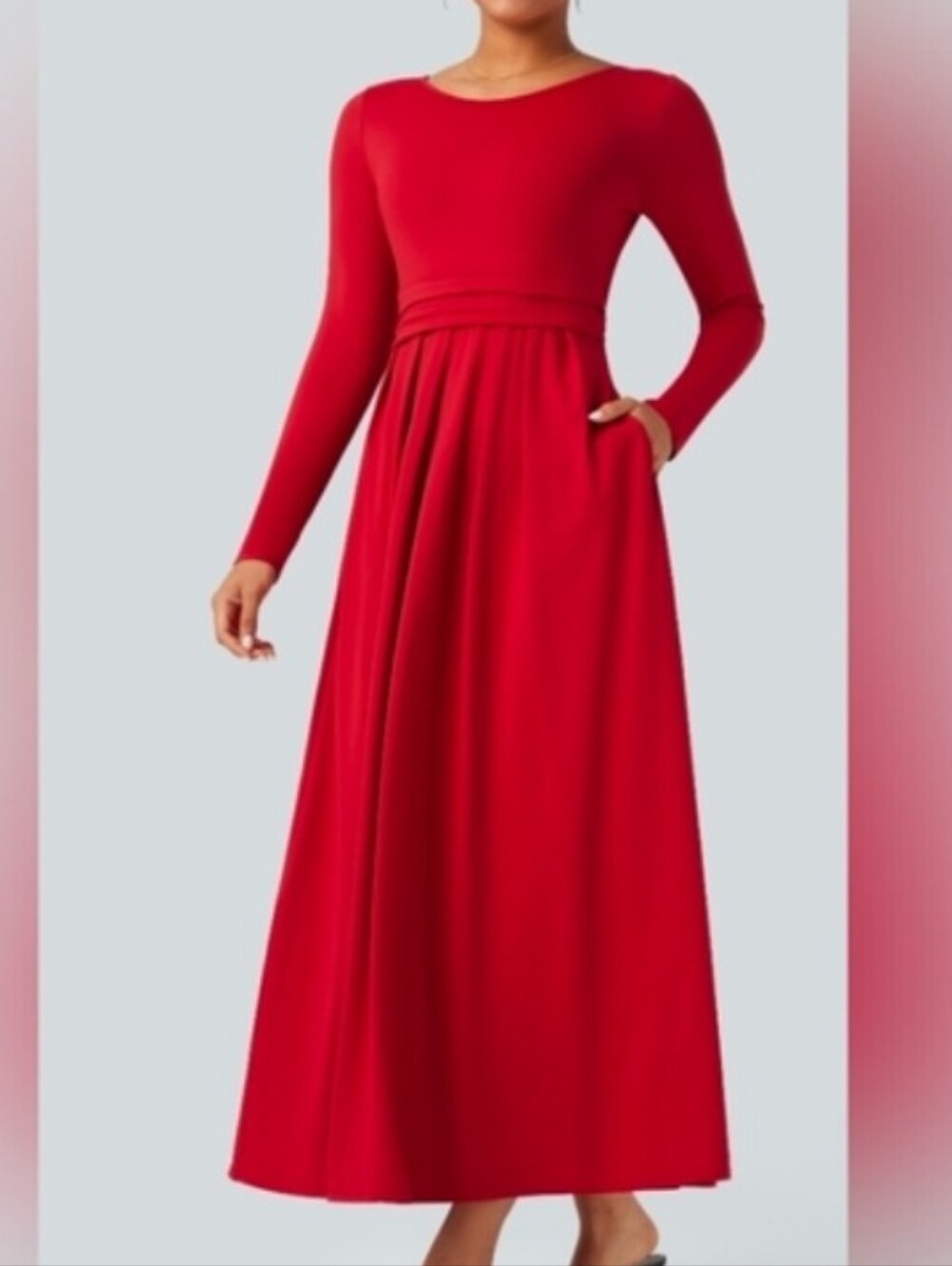 Halara long sleeve flare maxi dress Size L Red NWT Pockets